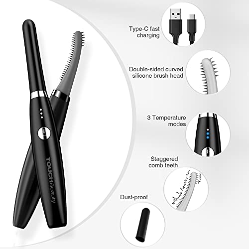 TOUCHBeauty Rizador de Pestañas Eléctrico con Recargable por USB-C, 3 Modos de Temperatura, Rizado de Calor Rápido Duradero para Maquillaje de Belleza de Ojos, Negro