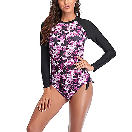 Traje de baño de manga larga para mujer, traje de baño de cintura alta, traje de baño sexy con estampado de buceo, traje de baño de dos piezas, ropa de playa, rosa, L