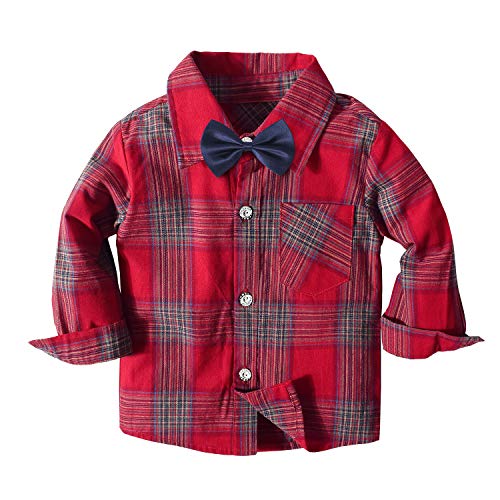 Traje de bebé niño Ropa Formal de Boda Camisa a Cuadros para bebés Varones + Pajarita + Tirantes + Pantalones Conjunto de 4 Piezas Traje de cumpleaños （Rojo, 3-4 años）
