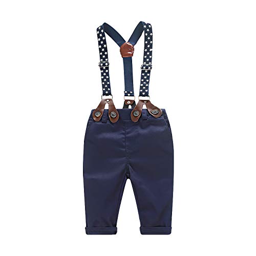 Traje de bebé niño Ropa Formal de Boda Camisa a Cuadros para bebés Varones + Pajarita + Tirantes + Pantalones Conjunto de 4 Piezas Traje de cumpleaños （Rojo, 3-4 años）