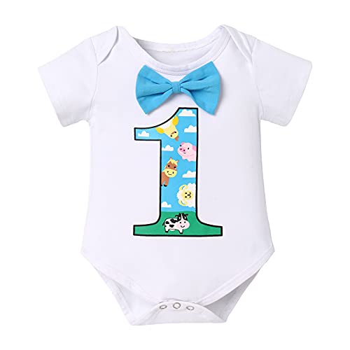 Traje de Primer Cumpleaños para Bebé Varones Temas de Animalede Granja Conjunto Mameluco de Algodón de Manga Corta Tirantes Pantalones Traje de Fiesta de 1 Año Regalo de Fotografía Azul 12-18 Meses