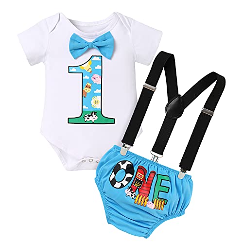 Traje de Primer Cumpleaños para Bebé Varones Temas de Animalede Granja Conjunto Mameluco de Algodón de Manga Corta Tirantes Pantalones Traje de Fiesta de 1 Año Regalo de Fotografía Azul 12-18 Meses
