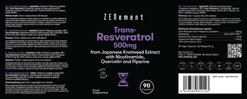 Trans-Resveratrol 500 mg, con Nicotinamida, Quercetina y Piperina, 90 Cápsulas | Antiedad, Envejecimiento Saludable, Antioxidante | Vegano, sin Conservantes, sin Alérgenos, No-GMO | de Zenement