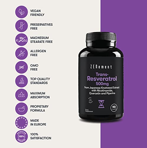 Trans-Resveratrol 500 mg, con Nicotinamida, Quercetina y Piperina, 90 Cápsulas | Antiedad, Envejecimiento Saludable, Antioxidante | Vegano, sin Conservantes, sin Alérgenos, No-GMO | de Zenement