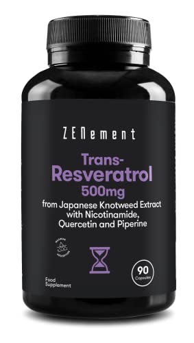 Trans-Resveratrol 500 mg, con Nicotinamida, Quercetina y Piperina, 90 Cápsulas | Antiedad, Envejecimiento Saludable, Antioxidante | Vegano, sin Conservantes, sin Alérgenos, No-GMO | de Zenement