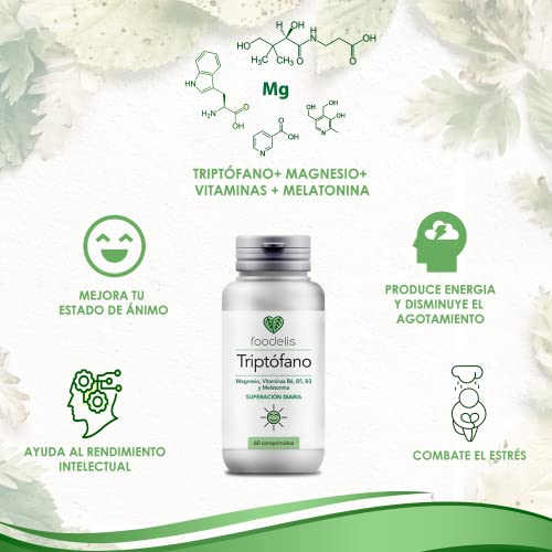 TRIPTÓFANO CON MAGNESIO | 60UD | FÓRMULA PREMIUM | Elimina el estrés y cansancio | Mejora tu ánimo l Rendimiento intelectual óptimo | Enriquecido con VIT B3, B5, B6 + Melatonina | NATURAL