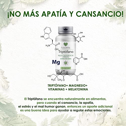 TRIPTÓFANO CON MAGNESIO | 60UD | FÓRMULA PREMIUM | Elimina el estrés y cansancio | Mejora tu ánimo l Rendimiento intelectual óptimo | Enriquecido con VIT B3, B5, B6 + Melatonina | NATURAL