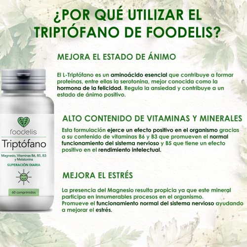 TRIPTÓFANO CON MAGNESIO | 60UD | FÓRMULA PREMIUM | Elimina el estrés y cansancio | Mejora tu ánimo l Rendimiento intelectual óptimo | Enriquecido con VIT B3, B5, B6 + Melatonina | NATURAL
