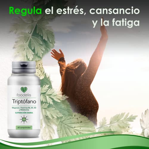 TRIPTÓFANO CON MAGNESIO | 60UD | FÓRMULA PREMIUM | Elimina el estrés y cansancio | Mejora tu ánimo l Rendimiento intelectual óptimo | Enriquecido con VIT B3, B5, B6 + Melatonina | NATURAL