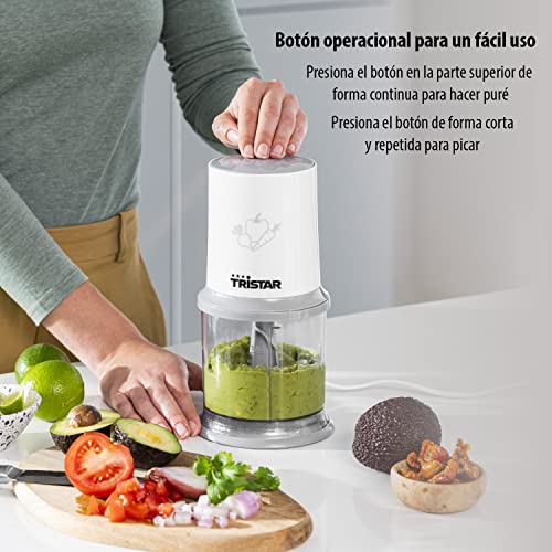 Tristar BL-4020 Mini Picadora eléctrica con botón operacional, capacidad de 0.5 L, cuchillas desmontables de acero inoxidable, Multifunción tritura, trocea, mezcla y pica, 200 W
