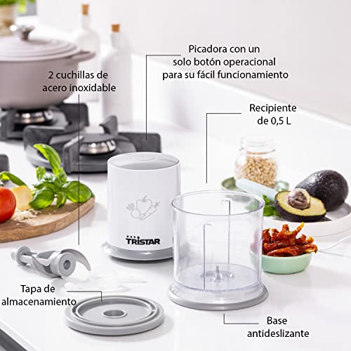 Tristar BL-4020 Mini Picadora eléctrica con botón operacional, capacidad de 0.5 L, cuchillas desmontables de acero inoxidable, Multifunción tritura, trocea, mezcla y pica, 200 W