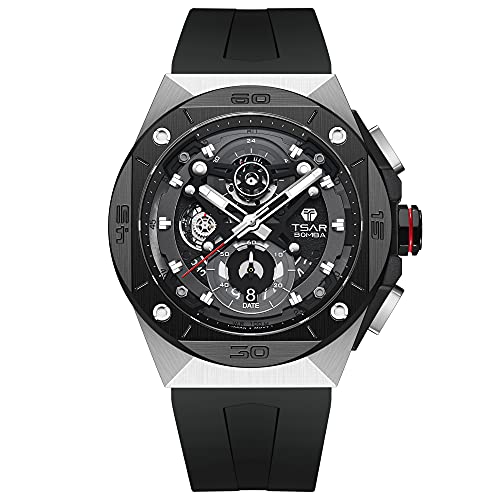 TSAR BOMBA Reloj de Pulsera Para Hombre Resistente al agua Hasta 10 ATM Muy Luminoso Carcasa de Acero inoxidable 316L Reloj Militar de Goma Diseño Lujoso Deportivo Regalo Para Hombres Negro Correas