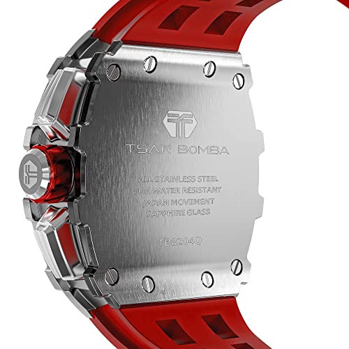 TSAR BOMBA Reloj para Hombre Correa de Silicona para Hombre Reloj 22 mm Tonneau Cronómetro Impermeable 5ATM Reloj de Pulsera de Movimiento analógico de Cuarzo japonés Elegante Hombre Regalo