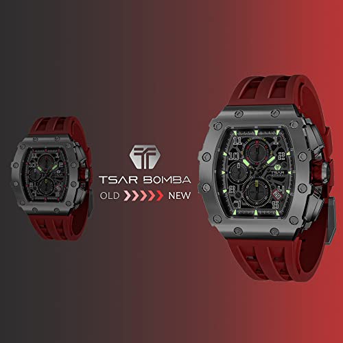 TSAR BOMBA Reloj para Hombre Correa de Silicona para Hombre Reloj 22 mm Tonneau Cronómetro Impermeable 5ATM Reloj de Pulsera de Movimiento analógico de Cuarzo japonés Elegante Hombre Regalo