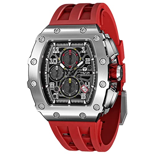 TSAR BOMBA Reloj para Hombre Correa de Silicona para Hombre Reloj 22 mm Tonneau Cronómetro Impermeable 5ATM Reloj de Pulsera de Movimiento analógico de Cuarzo japonés Elegante Hombre Regalo