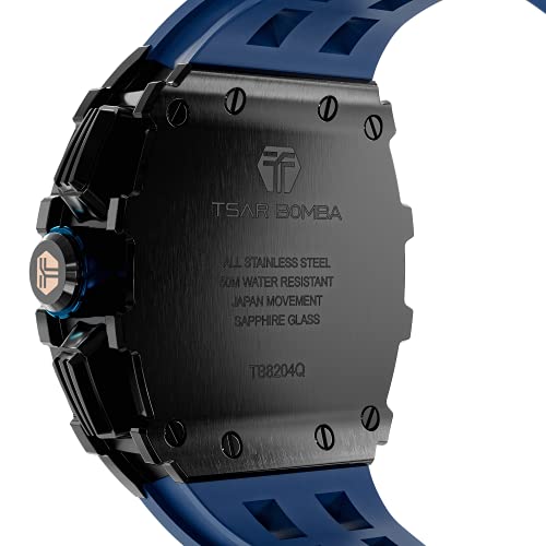 TSAR BOMBA Relojes Lujo para Hombre Cuadrado analógico 50M a Prueba de Agua Cronógrafo Tonel Reloj único para Hombres Prima Reloj Plata para Reloj Cuarzo diseño Elegante Reloj Noche Banda Goma