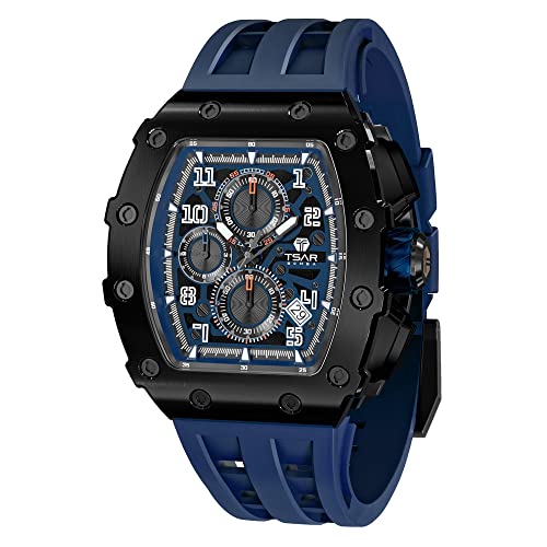 TSAR BOMBA Relojes Lujo para Hombre Cuadrado analógico 50M a Prueba de Agua Cronógrafo Tonel Reloj único para Hombres Prima Reloj Plata para Reloj Cuarzo diseño Elegante Reloj Noche Banda Goma