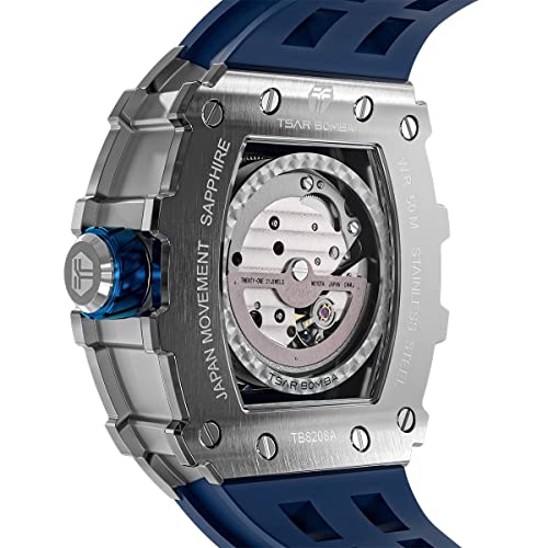 TSAR BOMBA Relojes Mecánicos Automáticos de Lujo para Hombre - Movimiento Japonés Cristal de Zafiro - Reloj Impermeable para Hombres 50M - Reloj Cuadrado con Esqueleto - Correa de Silicona