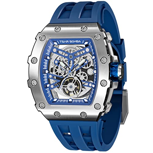 TSAR BOMBA Relojes Mecánicos Automáticos de Lujo para Hombre - Movimiento Japonés Cristal de Zafiro - Reloj Impermeable para Hombres 50M - Reloj Cuadrado con Esqueleto - Correa de Silicona