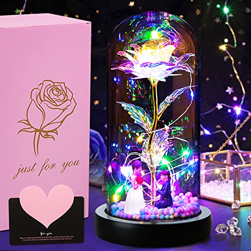 TWBEST Rosa Eterna,Kit de Rosa Bella y Bestia,Elegante Cúpula Rosa de Cristal con Base Pino Luces LED,Románticos Rosa Regalos para San Valentin, Día de Navidad,Día de la Cumpleaños Mujer,Madre,Novia