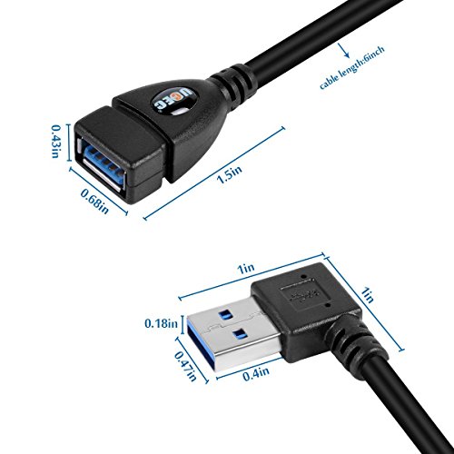 UCEC® Cable Alargador USB 3.0 Alta Velocidad Macho a hembra Extension Cable de 90 Grados Ángulo Adaptador Conector, Ángulo Derecho y Izquierdo - Color Negro (Pack of 2)