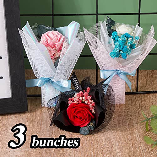 UFLF 3pcs Mini Flores Artificiales Rosas de Jabón+Flores Secas Naturales Pequeñas Preservadas con Gasa para Regalos Cumpleaños Amigos Familiares Decoración Hogar Cafetería
