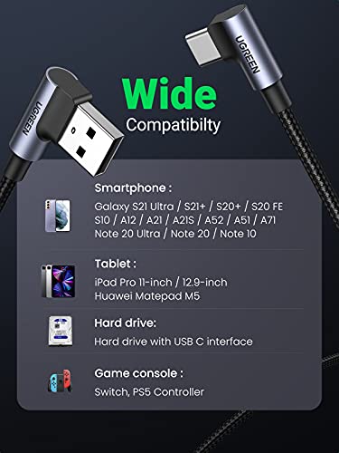 UGREEN Cable USB Tipo C, Cargador Tipo C Carga Rápida, Cable USB C Acodado Nylon Trenzado para Móvil USB C Galaxy Note S20 A50 A70 A21 A51, Xiaomi 10 11, Redmi Note 9 8, Huawei P40 P30(0,5 Metros)