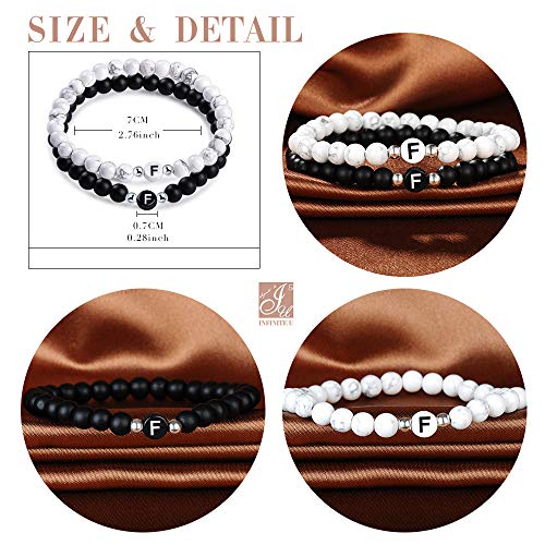 Unendlich U-Nombre Pulsera de Amistad Hecha de Piedras Naturales con Cuentas de Letras de F, Juego de 2 Pulseras para Mujeres Hombre, Color de Negro y Blanco