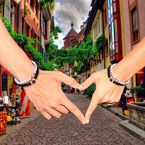 Unendlich U-Nombre Pulsera de Amistad Hecha de Piedras Naturales con Cuentas de Letras de F, Juego de 2 Pulseras para Mujeres Hombre, Color de Negro y Blanco