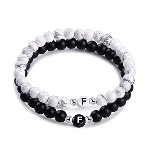 Unendlich U-Nombre Pulsera de Amistad Hecha de Piedras Naturales con Cuentas de Letras de F, Juego de 2 Pulseras para Mujeres Hombre, Color de Negro y Blanco