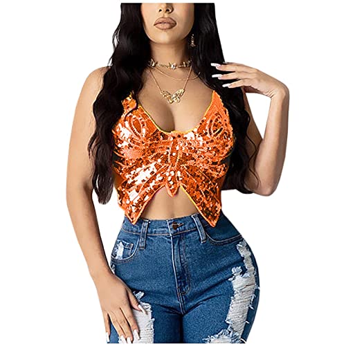 unilarinna Camiseta de tirantes con lentejuelas y mariposas, para danza del vientre, para festivales o clubes., naranja, M