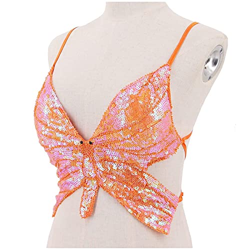 unilarinna Camiseta de tirantes con lentejuelas y mariposas, para danza del vientre, para festivales o clubes., naranja, M