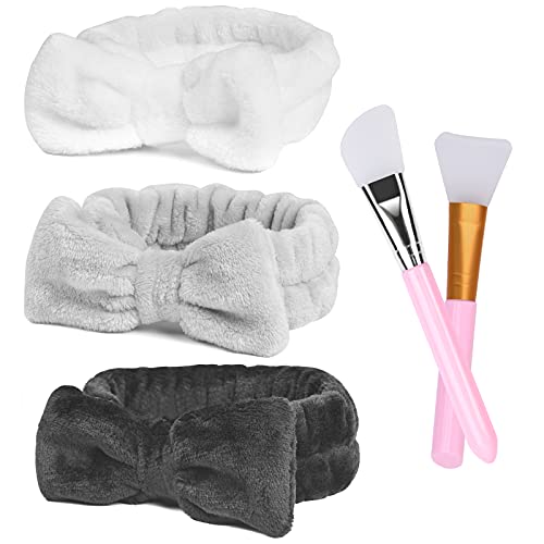 URAQT Diadema de Maquillaje, 3Pcs Microfibra de Spa Diadema Elásticas, Suave Diadema Mujer con 2Pcs Cepillo de Mascarilla de Silicona, Bowknot Banda de Pelo para Maquillaje, Bañarse, Yoga