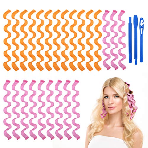 URAQT Rizador de Pelo Mágico, 24 Piezas Rizadores de Pelo de Onda, Rizadores de Pelo Sin Calor en Espiral con Ganchos de Peinado, Rulos para Cabello Kit de Bricolaje para Mujeres y Niñas, 45cm