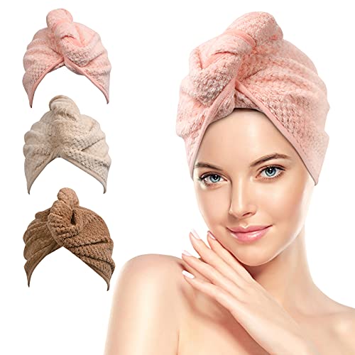URAQT Toalla Turbante Rápido, 3pcs Toalla de Microfibra para El Cabello para Mujeres, Toalla Pelo Secado Rapido Coral Fleece con Botón, Toallas de Baño para Secar Pelo, en Ducha, SPA, Maquillaje