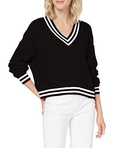 Urban Classics Ladies Short V-Neck College Sweater Sudadera, Negro, Blanco, XS para Mujer