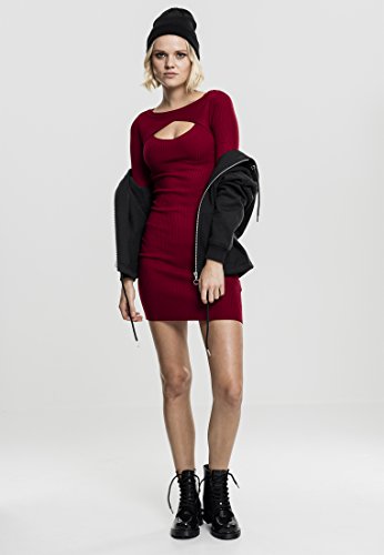 URBAN CLASSICS Vestido Corto de Manga Larga con Escote para Mujer, Acanalado, Elegante Vestido de Cóctel de material de punto, Color: burdeos, Talla: XS
