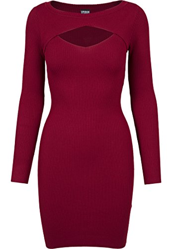 URBAN CLASSICS Vestido Corto de Manga Larga con Escote para Mujer, Acanalado, Elegante Vestido de Cóctel de material de punto, Color: burdeos, Talla: XS