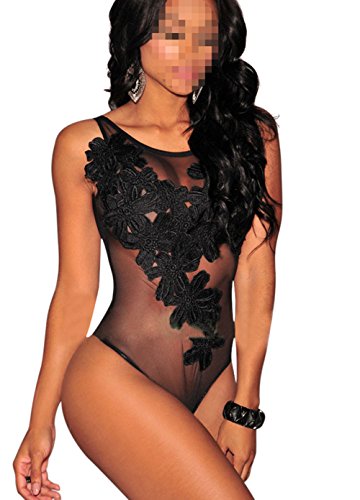 URFEDA Lencería sexy para mujer, con hilo bordado, ropa de noche, body erótico negro, XL
