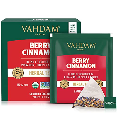 VAHDAM, Infusión Bayas y Canela | Mezcla de Té Sin Cafeína, Té Detox | Ingredientes 100% Naturales – Extractos de Bayas, Canela, Hibisco, Piel de Limón, Camomila y Amla | 15 Bolsitas de Té