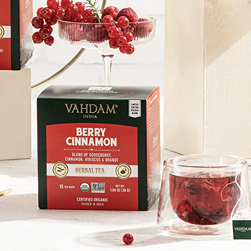 VAHDAM, Infusión Bayas y Canela | Mezcla de Té Sin Cafeína, Té Detox | Ingredientes 100% Naturales – Extractos de Bayas, Canela, Hibisco, Piel de Limón, Camomila y Amla | 15 Bolsitas de Té