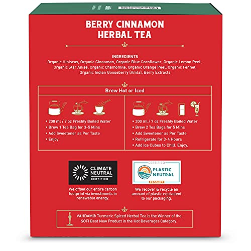 VAHDAM, Infusión Bayas y Canela | Mezcla de Té Sin Cafeína, Té Detox | Ingredientes 100% Naturales – Extractos de Bayas, Canela, Hibisco, Piel de Limón, Camomila y Amla | 15 Bolsitas de Té