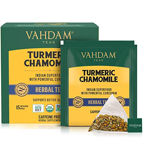 VAHDAM Té Cúrcuma Camomila - 30 Bolsitas | Cúrcuma Activa + Flores de Camomila | Fomenta la CALMA, Mejora el SUEÑO | 30 Raciones – Tomar Frío o Caliente | Ingredientes 100% Naturales | Infusión Floral
