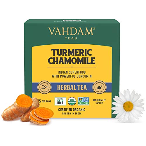 VAHDAM Té Cúrcuma Camomila - 30 Bolsitas | Cúrcuma Activa + Flores de Camomila | Fomenta la CALMA, Mejora el SUEÑO | 30 Raciones – Tomar Frío o Caliente | Ingredientes 100% Naturales | Infusión Floral