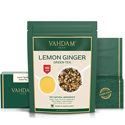 VAHDAM, Té Verde Especiado de Limón - Set de 2 (100g x2) +100 Tazas| Limón + Jengibre + Té Verde + Tulsi | TÉ VERDE A GRANEL | Servir como TÉ FRÍO o INFUSIÓN | 100% PURO Y FRESCO | CÍTRICO Y PICANTE