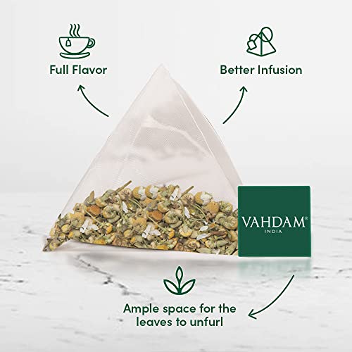 VAHDAM, Tisana de Camomila (100 Bolsitas de Té) | Ingredientes 100% Naturales | Manzanilla Infusion | SIN CAFEÍNA | Bebida para la Noche | Té de Hierbas de Sabor Floral