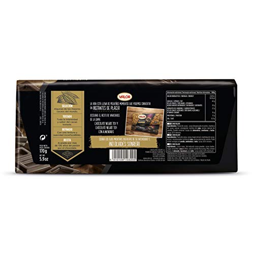 Valor - Chocolate Negro 82% - Sin Gluten. Tableta de Chocolate Negro Valor apto para Celiacos. Gran calidad e intenso Sabor y Aroma - 170 Gramos