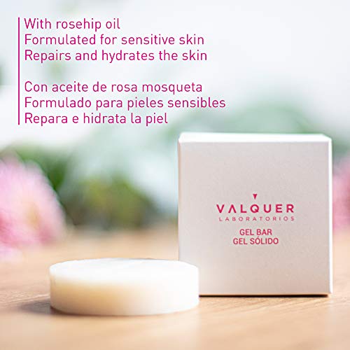 Valquer Laboratorios Gel Corporal Sólido, con Aceite de Rosa Mosqueta. Pieles Sensibles. Repara e Hidrata la Piel, Vegano, Sin Jabón, Sin Plástico, Sin Sulfatos, Ecológico - 50 G