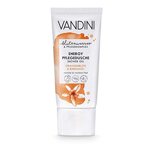 VANDINI Gel de ducha Energy Care con flor de azahar y aceite de babasú - gel de baño para pieles normales a secas - Jabón liquidovegano sin siliconas ni parabenos 1x 30 ml