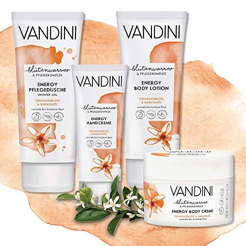 VANDINI Gel de ducha Energy Care con flor de azahar y aceite de babasú - gel de baño para pieles normales a secas - Jabón liquidovegano sin siliconas ni parabenos - 1x 200 ml